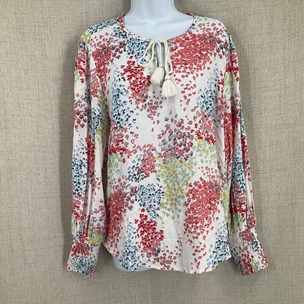 Lucky Brand Blouse Womens XL Multicolor Floral Tassel Boho Peasant Top Airy